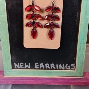 Red Rhinestone Leaf Dangle Earrings
